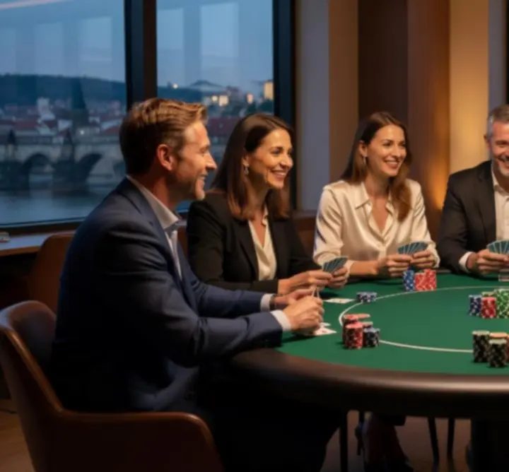 Skupina hostů hrající společenský offline poker v rámci eventu