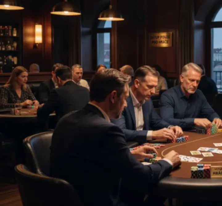 Offline poker event s hráči u stolu