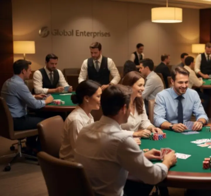 Stoly na offline poker připravené pro firemní event s profesionálním vybavením