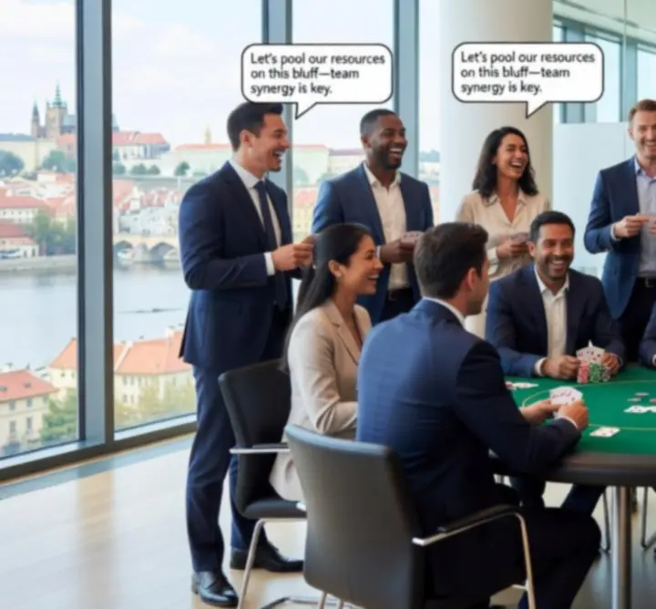 Tým kolegů během networkingového eventu u pokerového stolu